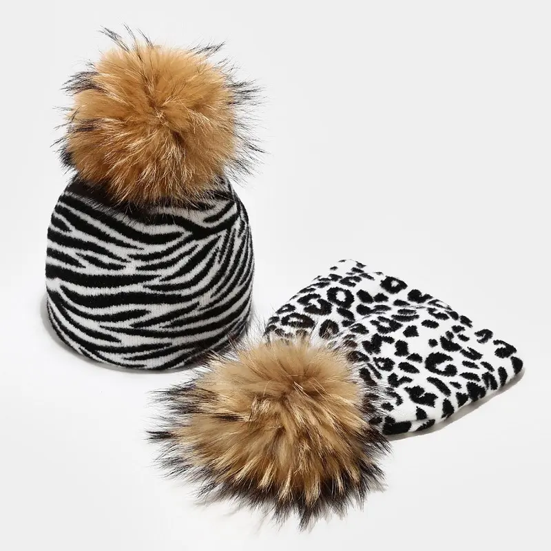 2022 New Fashion Leopard Zebra Plaid Cow Print Wool Knitted Beanies Winter Real Raccoon Fur Pompom Hat For Women