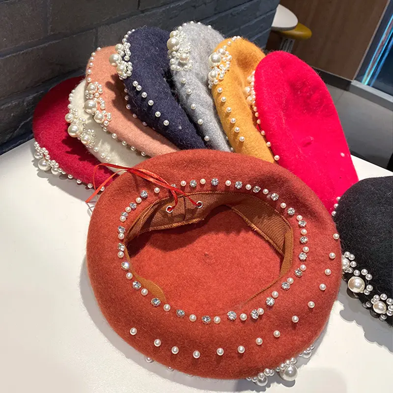 Autumn And Winter Wool, Pearl, Rhinestone, Beret, Female Korean Version, Japanese Trendy And Fashionable Painter Hat
