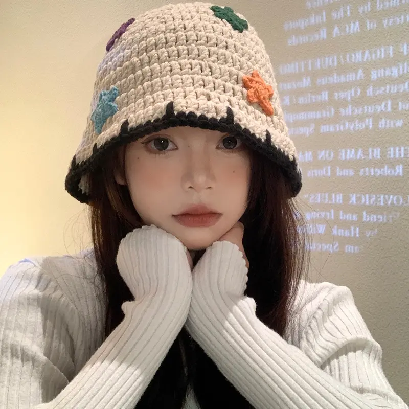 Knitted Fisherman Hat for Women In Autumn And Winter, Korean Version, Handmade Woolen Hat, Big Head, Water Bucket Hat