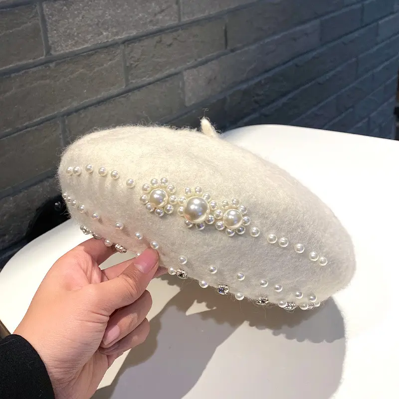 Autumn And Winter Wool, Pearl, Rhinestone, Beret, Female Korean Version, Japanese Trendy And Fashionable Painter Hat