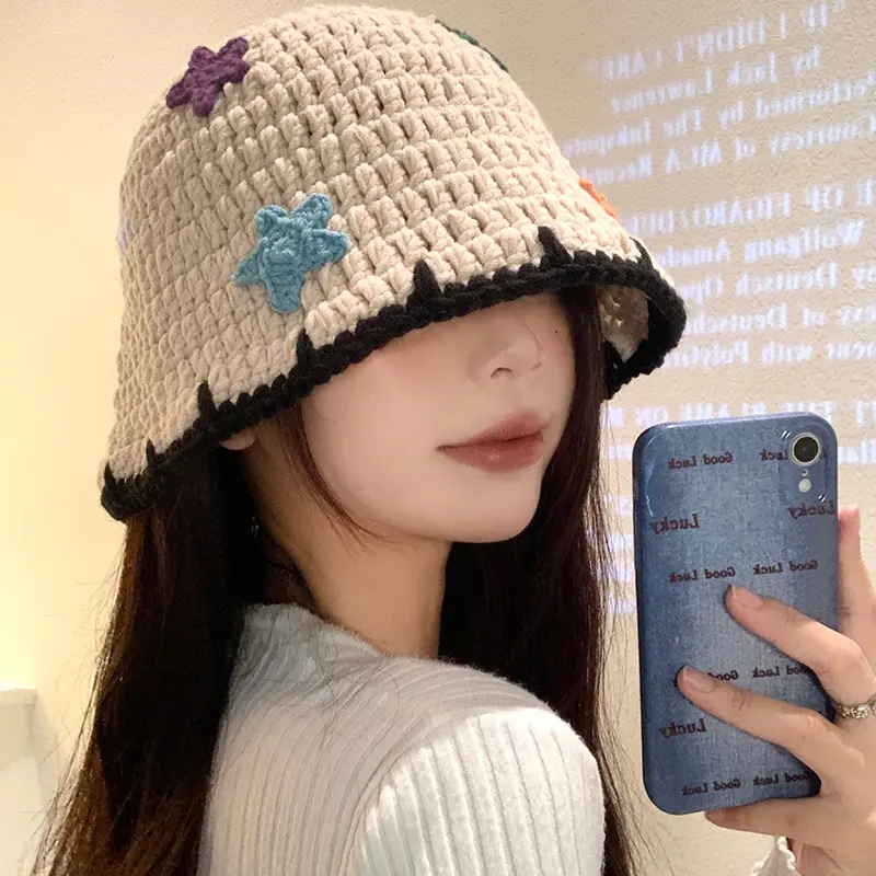 Knitted Fisherman Hat for Women In Autumn And Winter, Korean Version, Handmade Woolen Hat, Big Head, Water Bucket Hat
