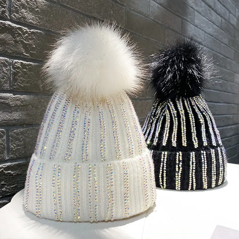 Mao Qiu Shui Diamond Striped Knitted Hat with Plush for Autumn and Winter Warm Woolen Hat Korean Outdoor Headband Cold Hat