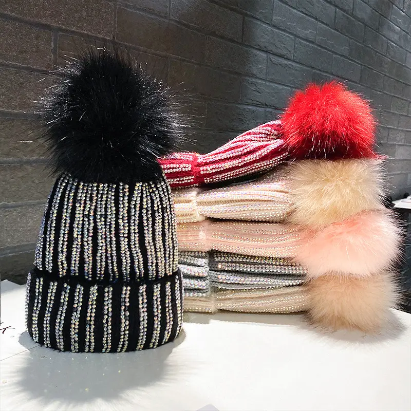 Mao Qiu Shui Diamond Striped Knitted Hat with Plush for Autumn and Winter Warm Woolen Hat Korean Outdoor Headband Cold Hat
