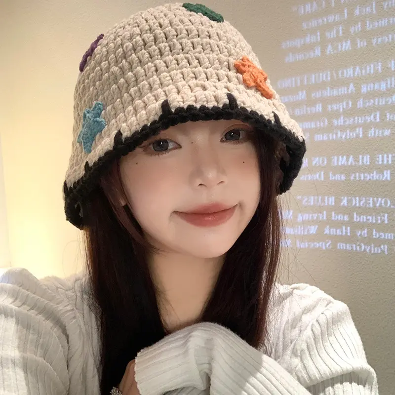 Knitted Fisherman Hat for Women In Autumn And Winter, Korean Version, Handmade Woolen Hat, Big Head, Water Bucket Hat
