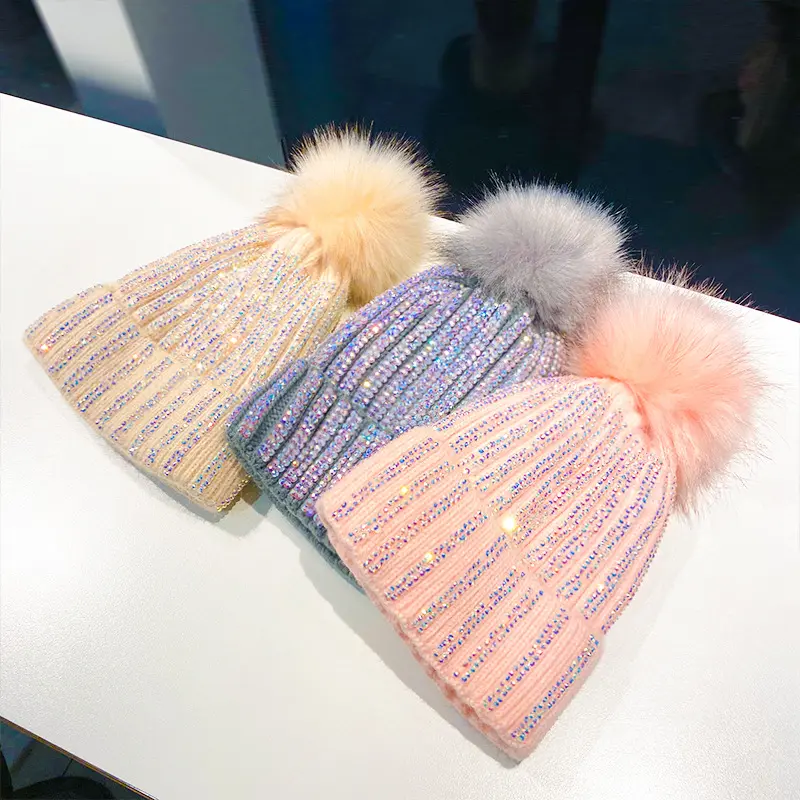 Mao Qiu Shui Diamond Striped Knitted Hat with Plush for Autumn and Winter Warm Woolen Hat Korean Outdoor Headband Cold Hat