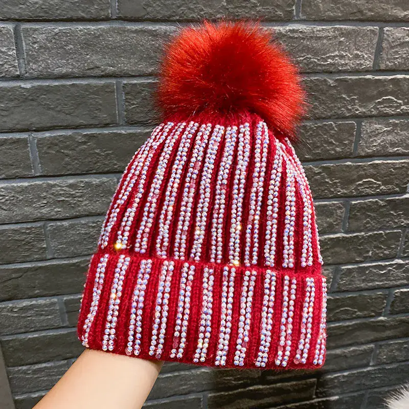 Mao Qiu Shui Diamond Striped Knitted Hat with Plush for Autumn and Winter Warm Woolen Hat Korean Outdoor Headband Cold Hat