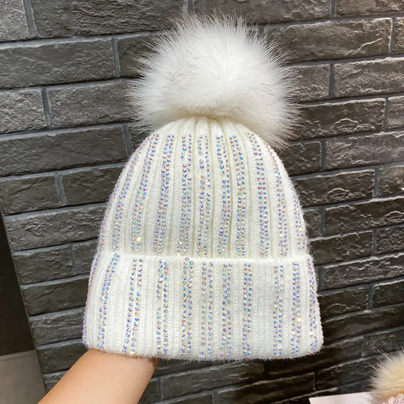 Mao Qiu Shui Diamond Striped Knitted Hat with Plush for Autumn and Winter Warm Woolen Hat Korean Outdoor Headband Cold Hat