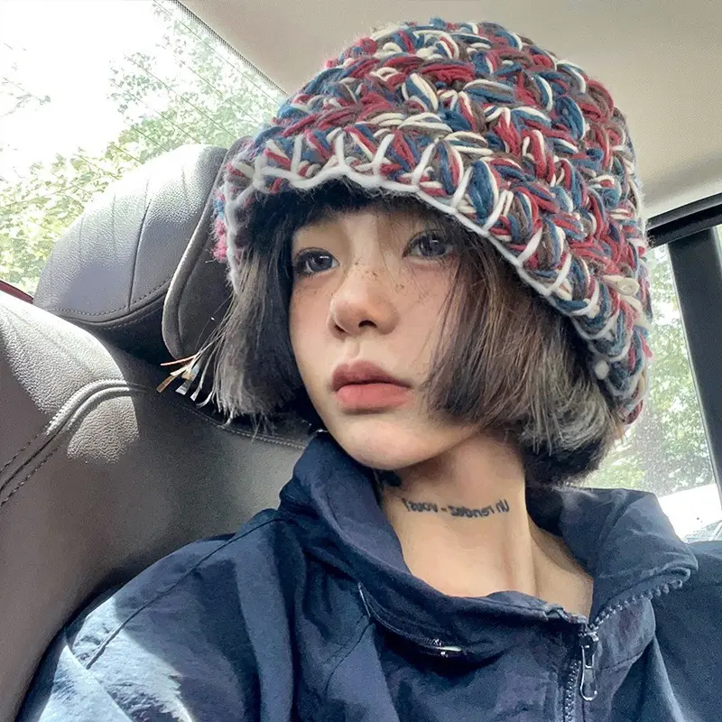 Neon Mixed Knit Bucket Hat Women Hand Crochet Knit Beanies Cap Winter Ski Cap Girls Warm Ear Guards Bonnet Gorras