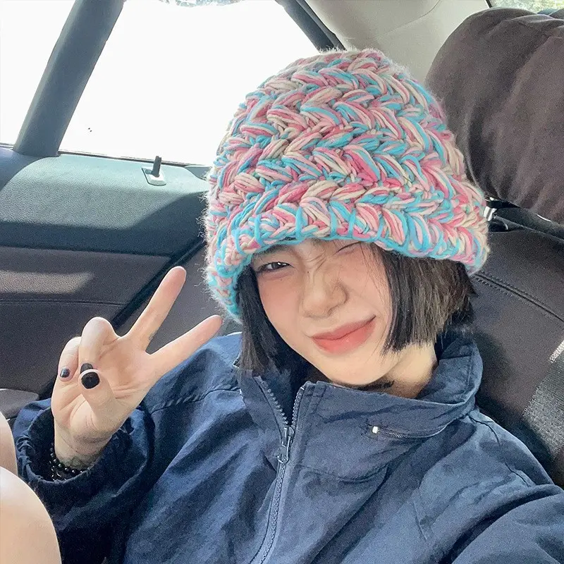 Neon Mixed Knit Bucket Hat Women Hand Crochet Knit Beanies Cap Winter Ski Cap Girls Warm Ear Guards Bonnet Gorras