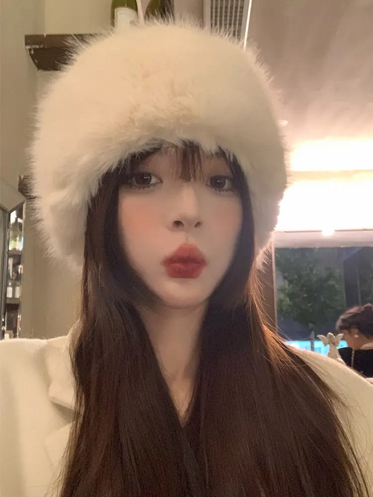 Fluffy Faux Fur Bucket Hat Women Rabbit Fur Warm Thick Plush Winter Hat Lady Luxury Fashion Furry Panama Fisherman Cap