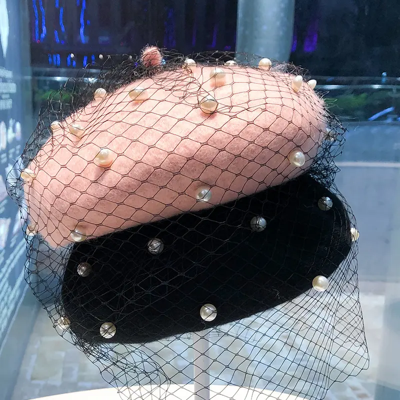 ​2024 New Pearl Mesh Beret Women's Spring and Autumn Fashion Multi functional Retro Lace Painter Hat Wool Hat ​
