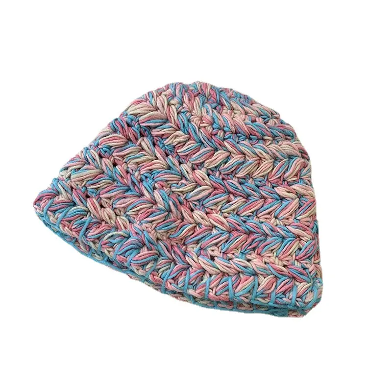 Neon Mixed Knit Bucket Hat Women Hand Crochet Knit Beanies Cap Winter Ski Cap Girls Warm Ear Guards Bonnet Gorras