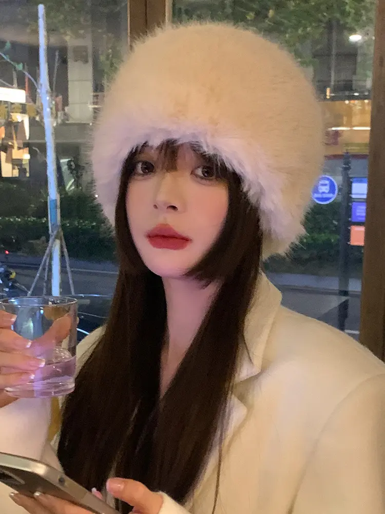 Fluffy Faux Fur Bucket Hat Women Rabbit Fur Warm Thick Plush Winter Hat Lady Luxury Fashion Furry Panama Fisherman Cap