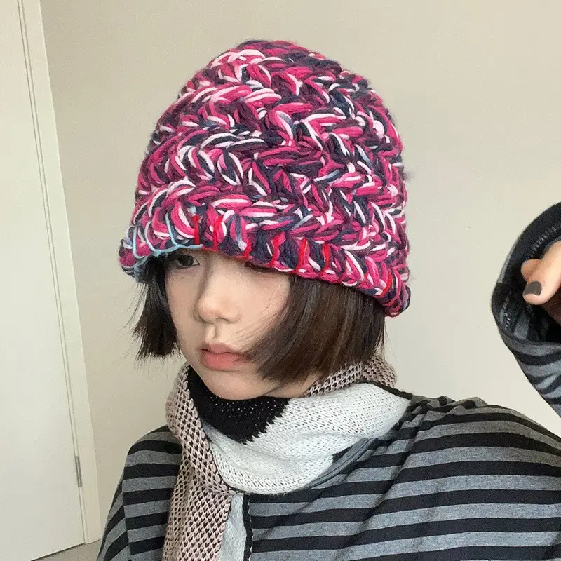 Neon Mixed Knit Bucket Hat Women Hand Crochet Knit Beanies Cap Winter Ski Cap Girls Warm Ear Guards Bonnet Gorras
