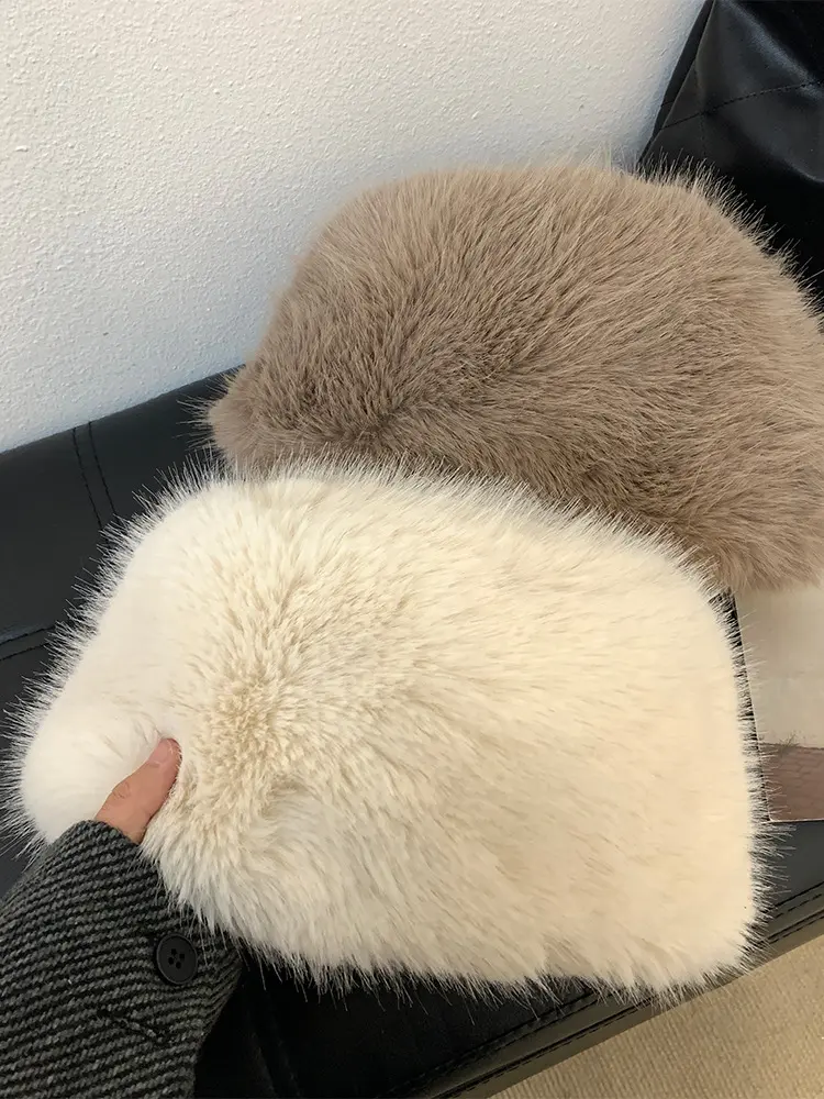Fluffy Faux Fur Bucket Hat Women Rabbit Fur Warm Thick Plush Winter Hat Lady Luxury Fashion Furry Panama Fisherman Cap