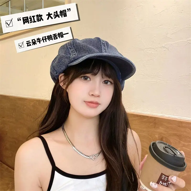 Cowboy Cotton Beret, Women's Retro Painter Hat, Summer Thin Large Head Octagonal hat, Summer Face Revealing Small Blue Hat