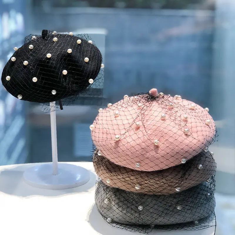 ​2024 New Pearl Mesh Beret Women's Spring and Autumn Fashion Multi functional Retro Lace Painter Hat Wool Hat ​