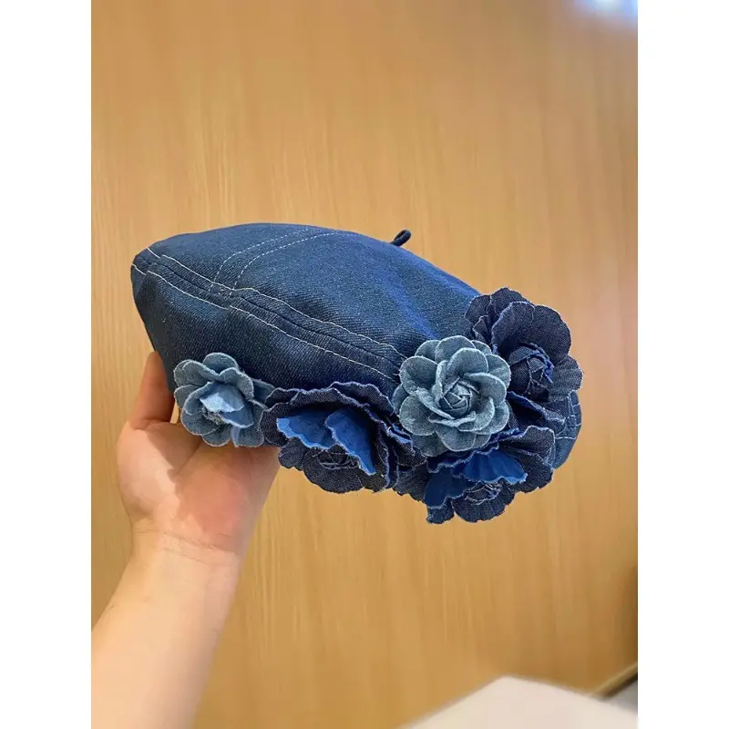 New Flower Denim Beret Hats Spring Autumn Female Trendy Women Camellia Painter Caps Casual Cotton Beanie Hats