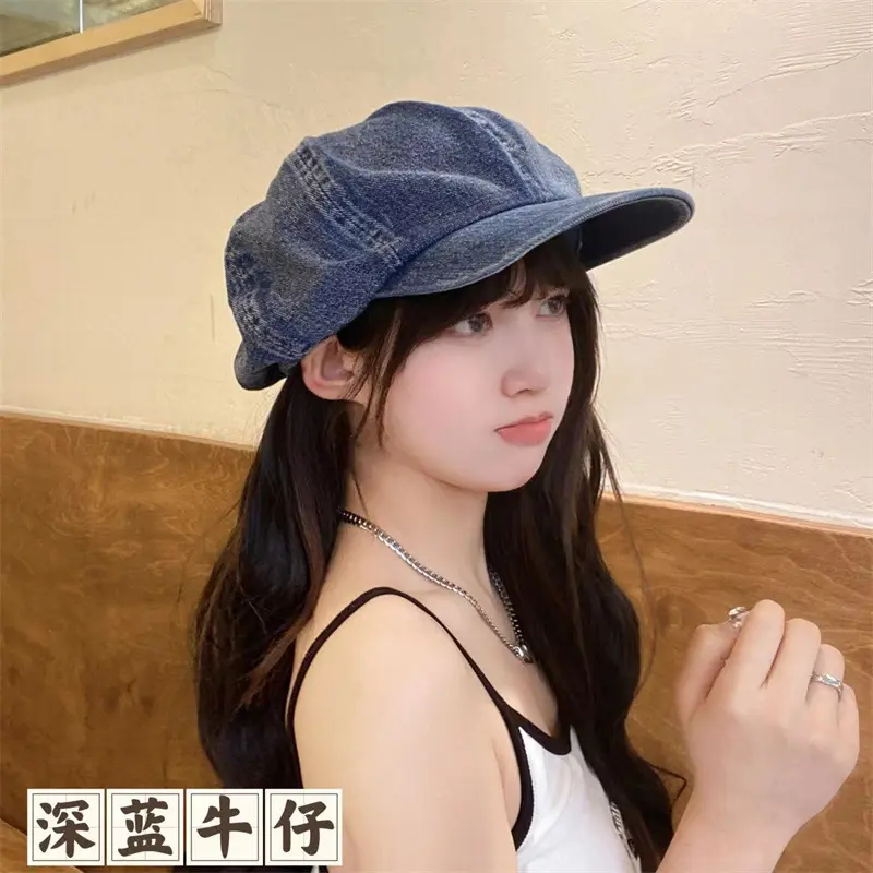 Cowboy Cotton Beret, Women's Retro Painter Hat, Summer Thin Large Head Octagonal hat, Summer Face Revealing Small Blue Hat