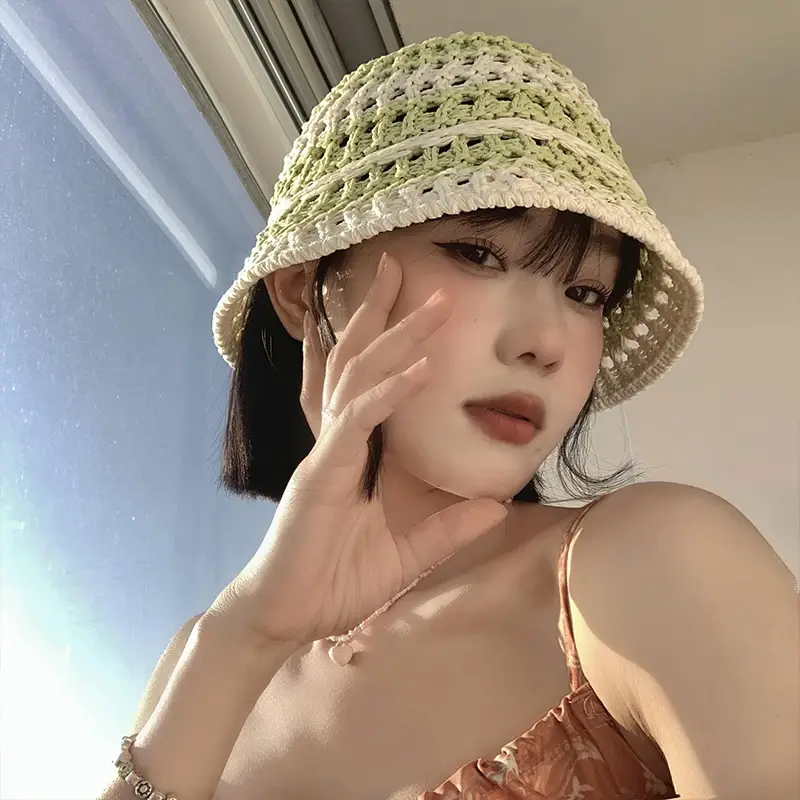 Ins Sweet Color Matching Straw Caps for Women 2024 Summer Travel Sunscreen Versatile Show Face Small Japanese Cute Bucket Hat
