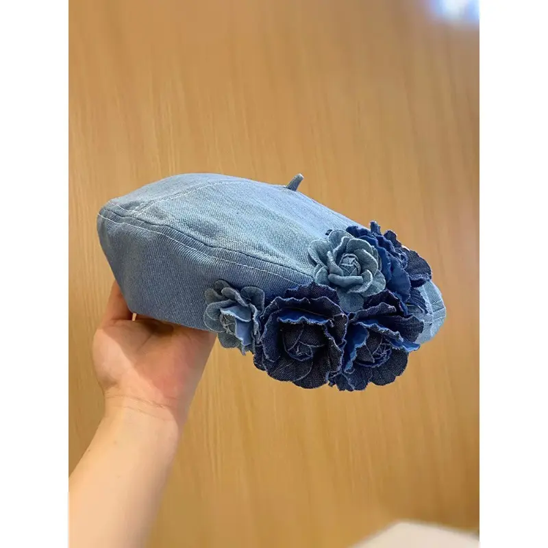 New Flower Denim Beret Hats Spring Autumn Female Trendy Women Camellia Painter Caps Casual Cotton Beanie Hats