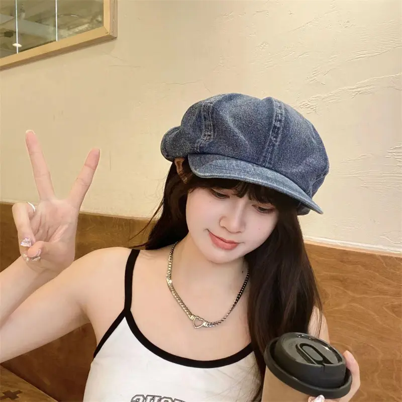 Cowboy Cotton Beret, Women's Retro Painter Hat, Summer Thin Large Head Octagonal hat, Summer Face Revealing Small Blue Hat