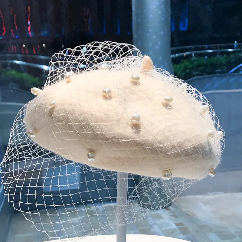 ​2024 New Pearl Mesh Beret Women's Spring and Autumn Fashion Multi functional Retro Lace Painter Hat Wool Hat ​