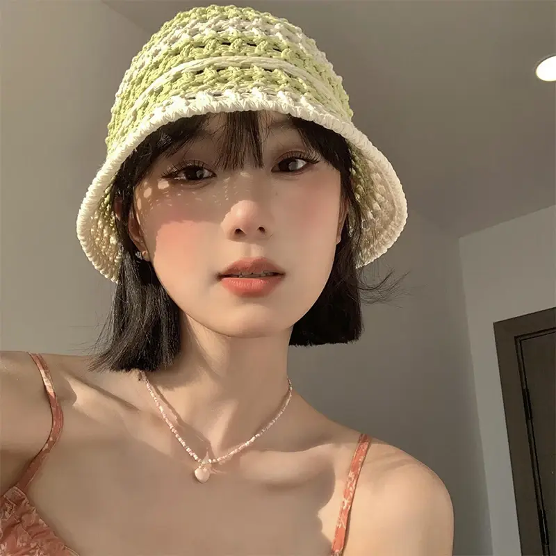 Ins Sweet Color Matching Straw Caps for Women 2024 Summer Travel Sunscreen Versatile Show Face Small Japanese Cute Bucket Hat