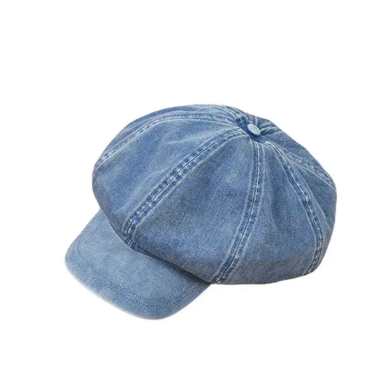 Cowboy Cotton Beret, Women's Retro Painter Hat, Summer Thin Large Head Octagonal hat, Summer Face Revealing Small Blue Hat
