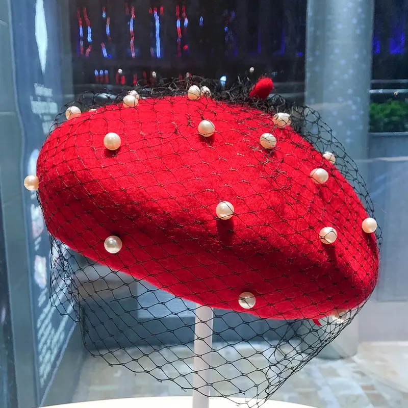 ​2024 New Pearl Mesh Beret Women's Spring and Autumn Fashion Multi functional Retro Lace Painter Hat Wool Hat ​