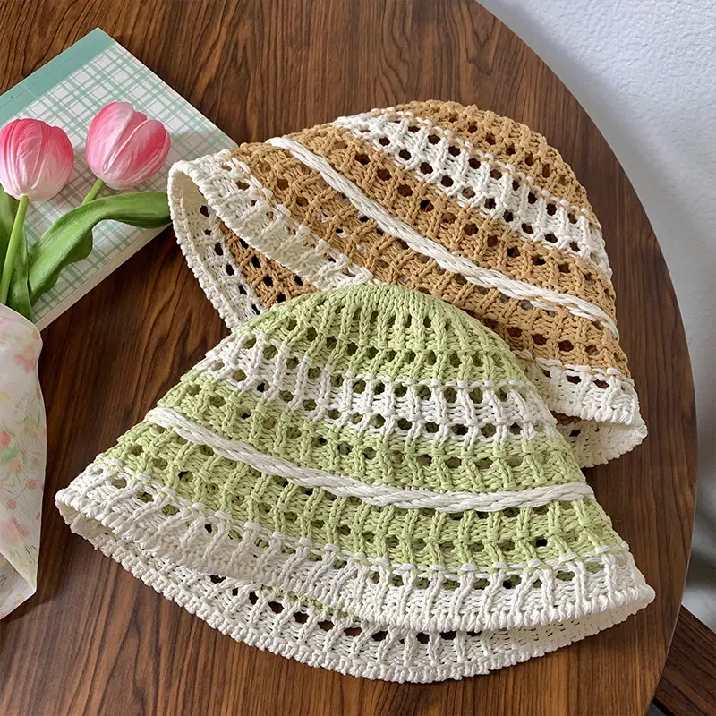 Ins Sweet Color Matching Straw Caps for Women 2024 Summer Travel Sunscreen Versatile Show Face Small Japanese Cute Bucket Hat