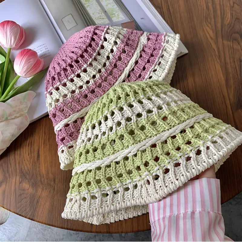 Ins Sweet Color Matching Straw Caps for Women 2024 Summer Travel Sunscreen Versatile Show Face Small Japanese Cute Bucket Hat