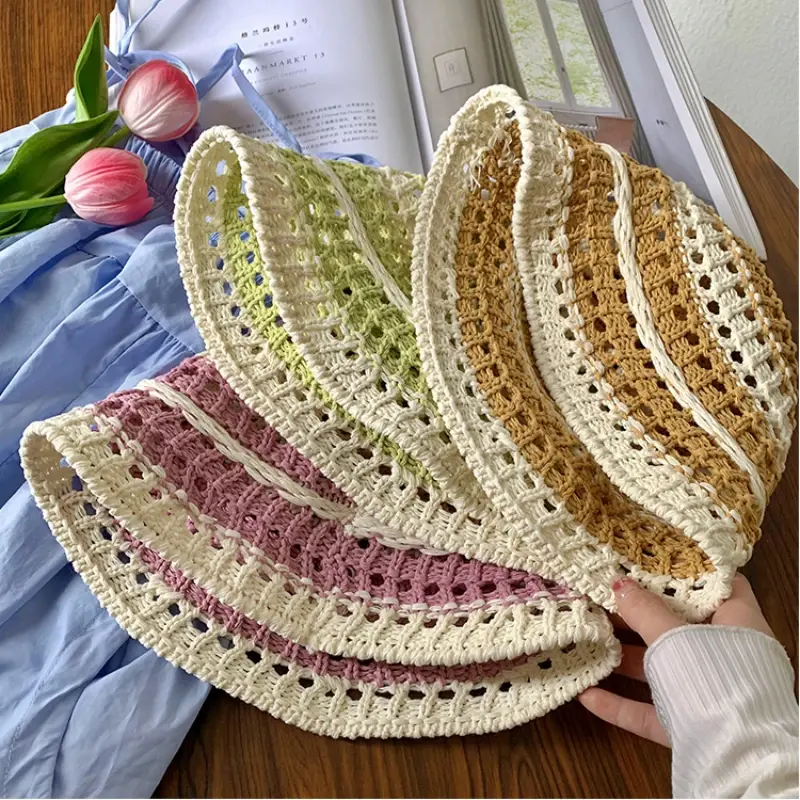 Ins Sweet Color Matching Straw Caps for Women 2024 Summer Travel Sunscreen Versatile Show Face Small Japanese Cute Bucket Hat