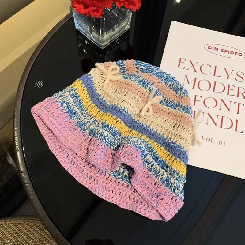 2024 New Korean Version Colored Woven Bow Bucket Hat Women's Spring and Summer Vacation Sunscreen Sunshade Basin Cap