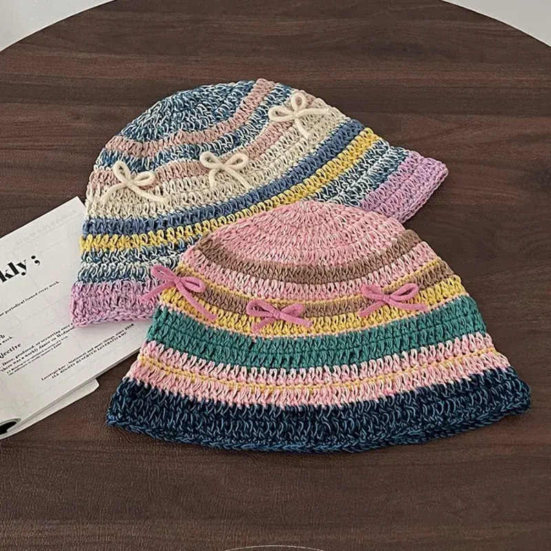 2024 New Korean Version Colored Woven Bow Bucket Hat Women's Spring and Summer Vacation Sunscreen Sunshade Basin Cap