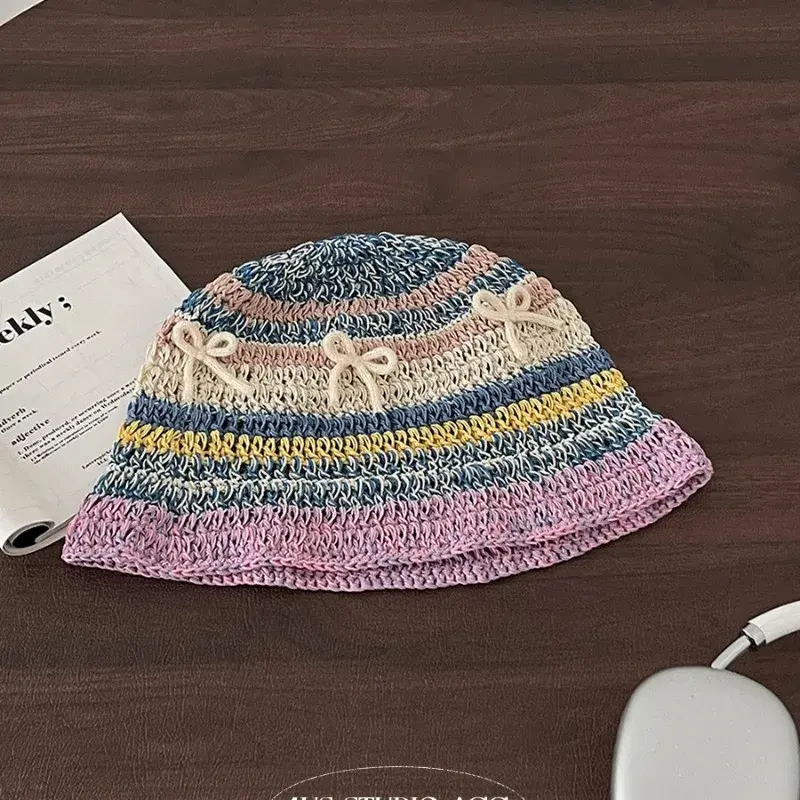 2024 New Korean Version Colored Woven Bow Bucket Hat Women's Spring and Summer Vacation Sunscreen Sunshade Basin Cap