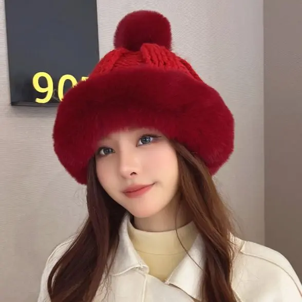 Plush Hat Women's Autumn and Winter Korean Version Showing Small Face Plush Hat Thickened and Warm Knitted Wool Ear Protection H