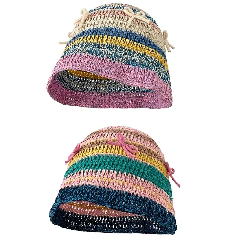 2024 New Korean Version Colored Woven Bow Bucket Hat Women's Spring and Summer Vacation Sunscreen Sunshade Basin Cap