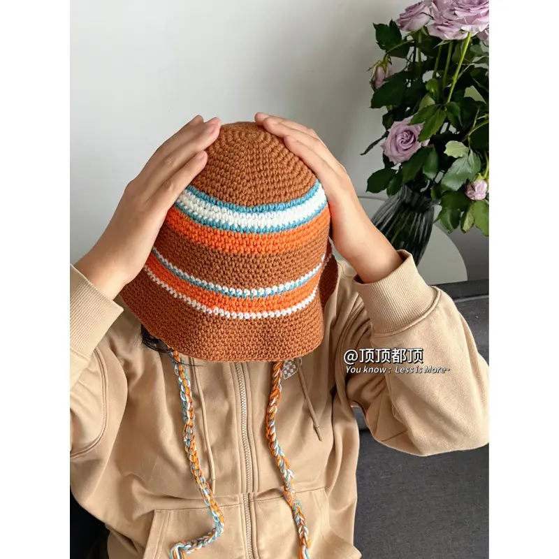 Korean Retro Contrasting Fisherman Hat 2024 New Autumn And Winter Basin Hat Handmade Crochet Colored Woven Hat