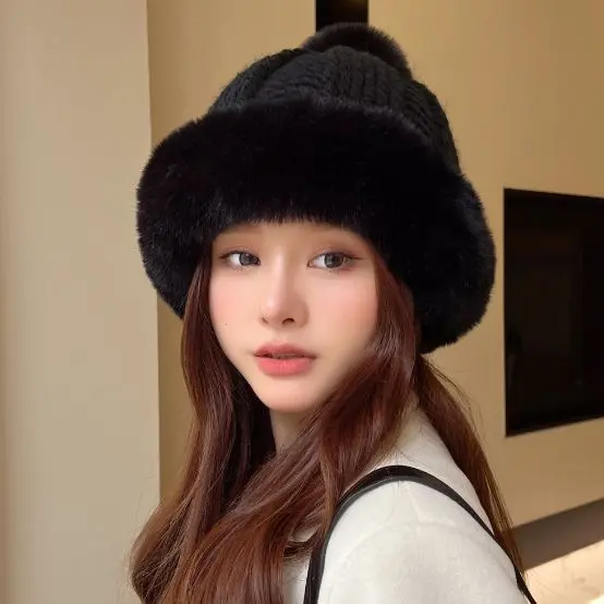 Plush Hat Women's Autumn and Winter Korean Version Showing Small Face Plush Hat Thickened and Warm Knitted Wool Ear Protection H