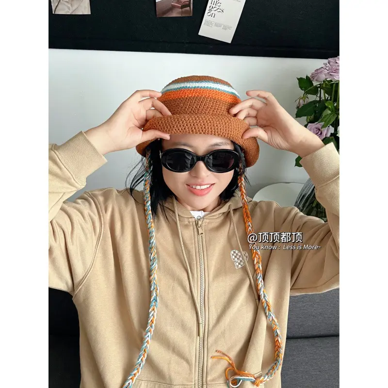 Korean Retro Contrasting Fisherman Hat 2024 New Autumn And Winter Basin Hat Handmade Crochet Colored Woven Hat