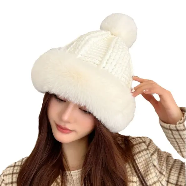 Plush Hat Women's Autumn and Winter Korean Version Showing Small Face Plush Hat Thickened and Warm Knitted Wool Ear Protection H