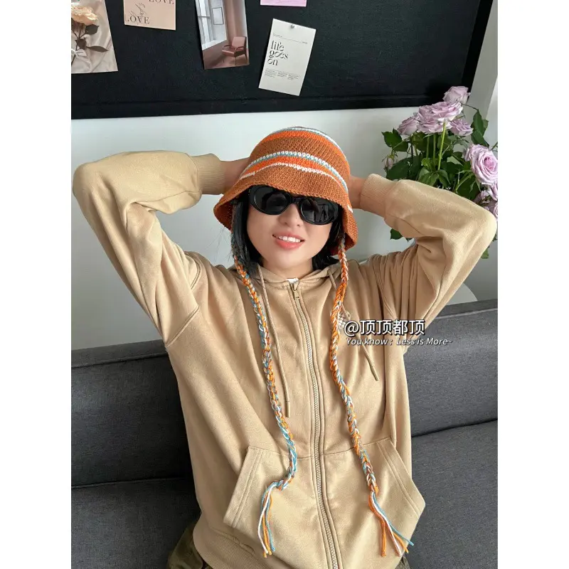Korean Retro Contrasting Fisherman Hat 2024 New Autumn And Winter Basin Hat Handmade Crochet Colored Woven Hat
