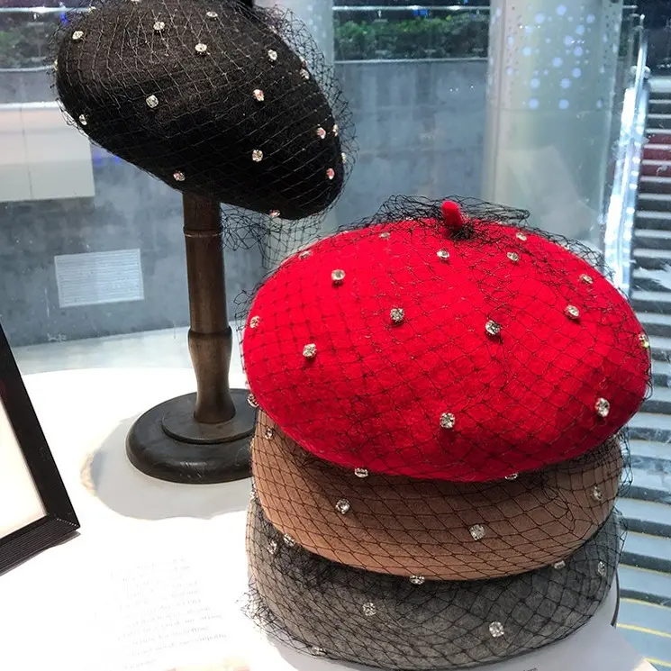 Autumn and Winter Retro Multi functional Crystal Diamond Mesh Painter's Hat Women's Fashion Matching Hollow Wool Beret