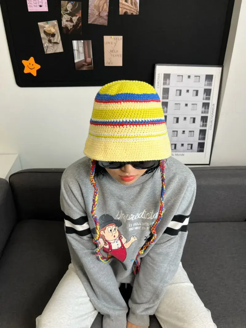 Korean Retro Contrasting Fisherman Hat 2024 New Autumn And Winter Basin Hat Handmade Crochet Colored Woven Hat