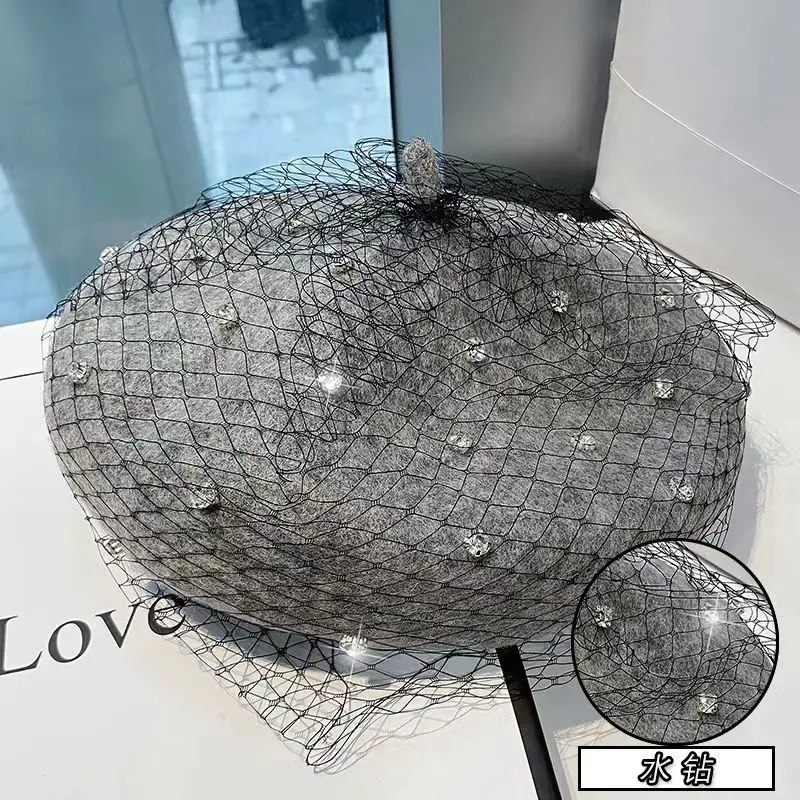 Autumn and Winter Retro Multi functional Crystal Diamond Mesh Painter's Hat Women's Fashion Matching Hollow Wool Beret