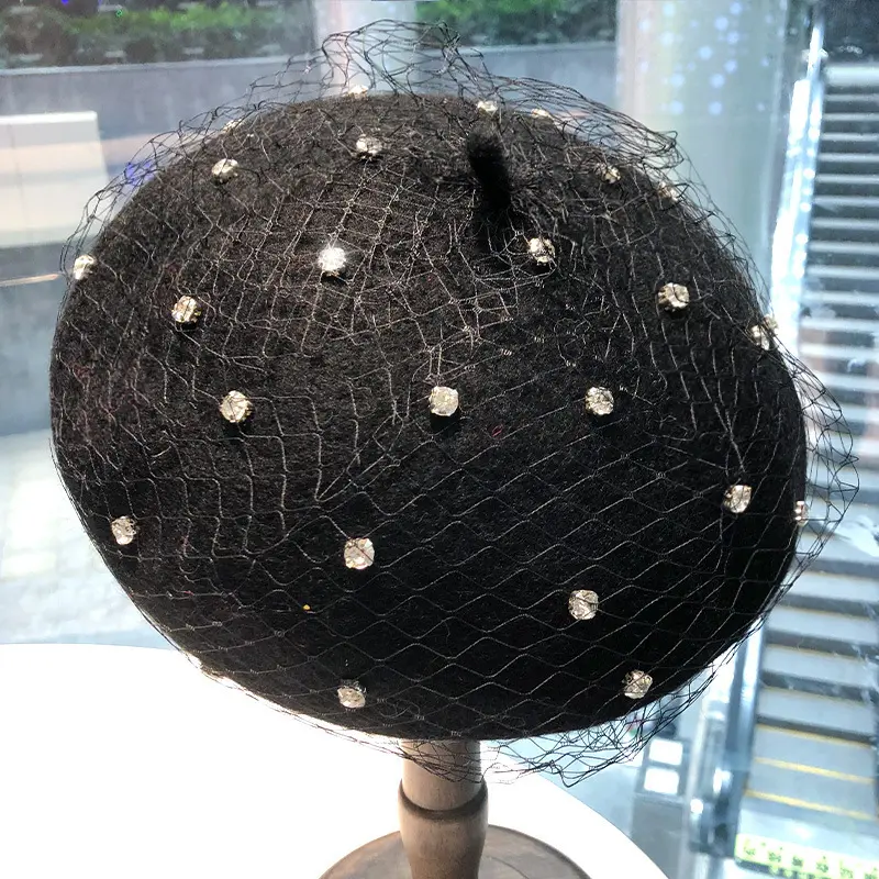 Autumn and Winter Retro Multi functional Crystal Diamond Mesh Painter's Hat Women's Fashion Matching Hollow Wool Beret