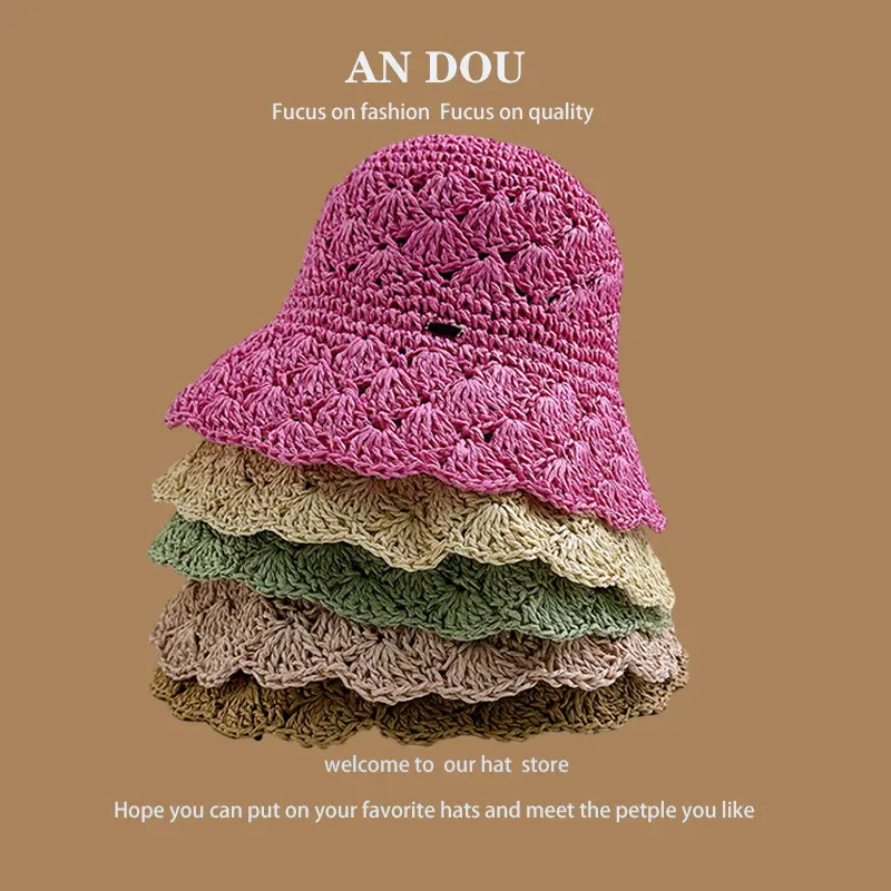 Japanese Spring/Summer Solid Color Lace Show Face Small Bucket Hat Women's Leisure Style Grass Knitted Foldable Fisherman Hat