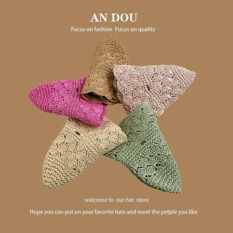 Japanese Spring/Summer Solid Color Lace Show Face Small Bucket Hat Women's Leisure Style Grass Knitted Foldable Fisherman Hat