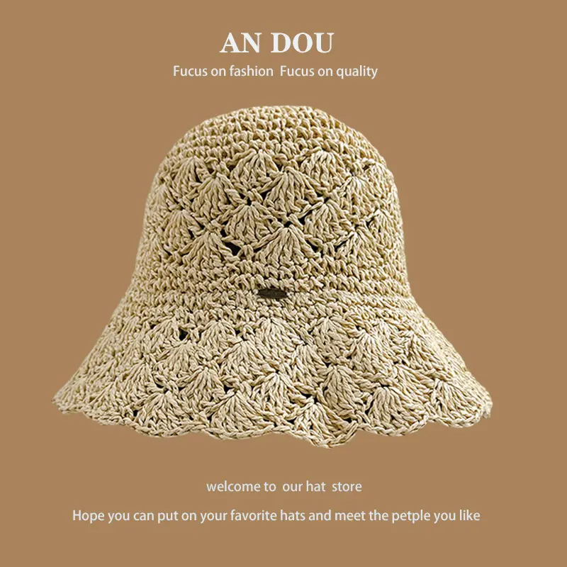 Japanese Spring/Summer Solid Color Lace Show Face Small Bucket Hat Women's Leisure Style Grass Knitted Foldable Fisherman Hat